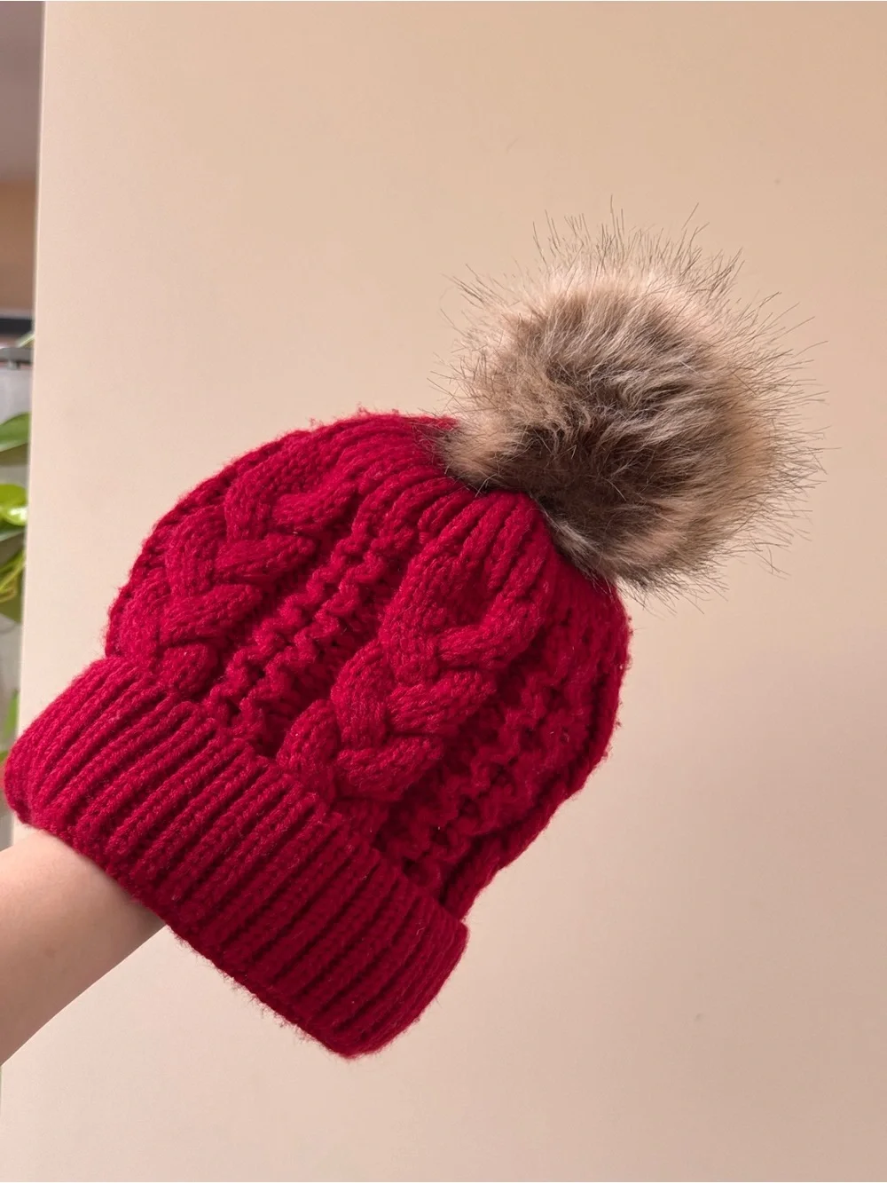 Red Cable Knit Pom Pom Beanie - Unbranded